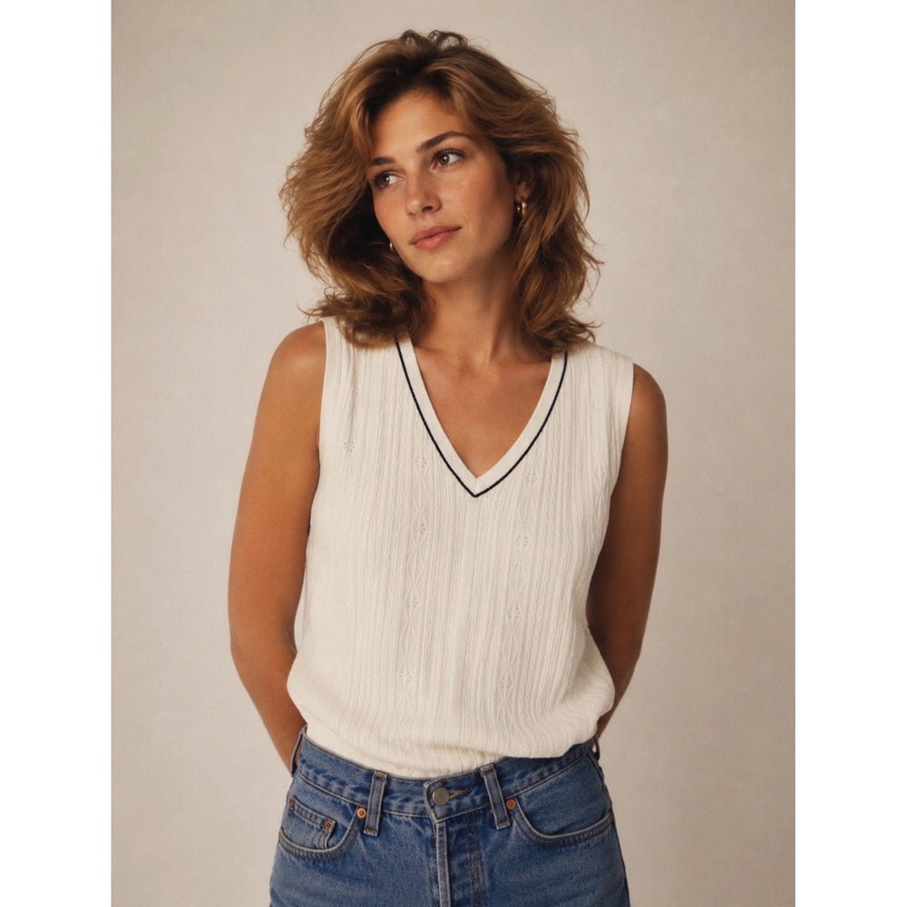 Anne Klein Knit Top S Cream V-Neck Pointelle Sleeveless Preppy Old Money Classic
